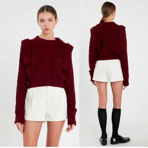ENGLISH FACTORY Cable Knit Crop Sweater Wide Ribbed Shoulder Burgundy Size M